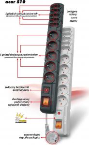 Listwa zasilająca Acar S10 przeciwprzepięciowa 10 gniazd 3 m czarna (W0129) 2