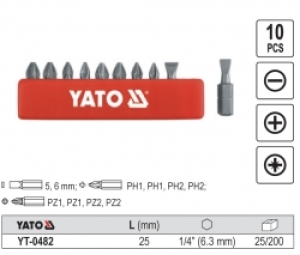 Yato Końcówki wkrętakowe 5,6mm Ph1 Ph2 Pz1 Pz2 S2 1/4 25mm 10szt. (YT-0482) 1