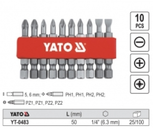 Yato Końcówki wkrętakowe 5,6mm Ph1 Ph2 Pz1 Pz2 50mm 1/4 10szt. YT-0483 1