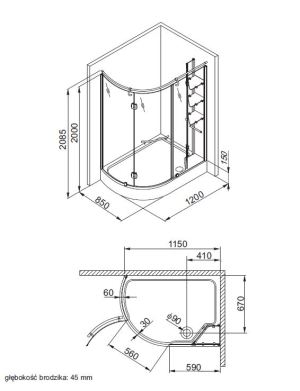 Aquaform Kabina Etna półokrągła asymetryczna 85x120 lewa szkło grigrio profil chrom + brodzik (105-14099) 2