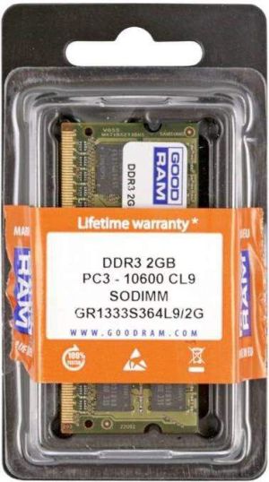 Pamięć do laptopa GoodRam SODIMM, DDR3, 2 GB, 1333 MHz, CL9 (GR1333S364L9/2G) 1