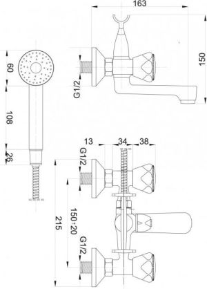 Bateria wannowa Hydroland Standard ścienne chrom (B101) 2