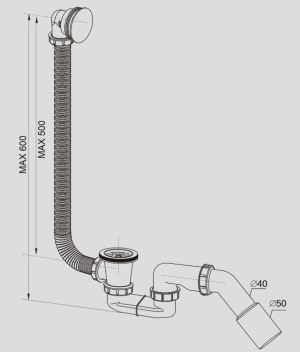 Syfon Rawiplast Zestaw odpływowo-przelewowy z sitkiem i korkiem gumowym metal  (A309M50) 2