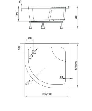 Brodzik Deante Deep półokrągły narożny 90 cm x 90 cm (KTD 041B) 3