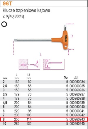 Beta Tools Klucz imbusowy hex typ T 8mm (000960943) 2