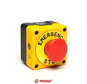 Promet Kaseta czarno-żółta stop bezpieczeństwa ryglowany 40mm (1NC) z tabliczką opisową "Emergency Stop" - P1EC400E40-K 1