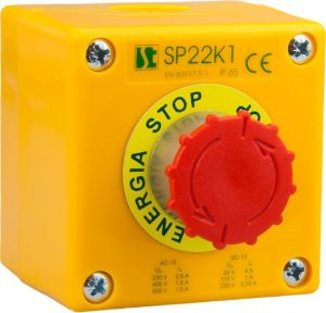 Spamel Kaseta z przyciskiem bezpieczeństwa przez obrót 1R IP65 żółta 1x dławnica M20 (SP22K15-1) 1
