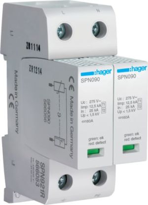 Hager Ogranicznik przepięć B+C 2P 12,5kA 275V 1,5kV ze stykiem sygnalizacyjnym (SPN921R) 1