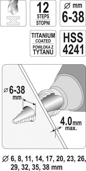 Wiertło Yato stopniowe walcowe 6 11 14 8 17 20 32 29 23 38 26 35mm  (YT-44740) 4