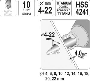 Wiertło Yato stopniowe walcowe 4 6 10 12 14 16 8 18 20 22mm  (YT-44741) 4
