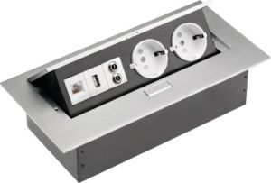 GTV Przedłużacz biurkowy 2 x SCHUKO wejście USB audio in / out miniJack RJ45 aluminium 220 x 107mm (AE-PB02GS-53) 1