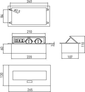GTV Przedłużacz biurkowy 2 x SCHUKO wejście USB audio in / out miniJack RJ45 aluminium 220 x 107mm (AE-PB02GS-53) 2