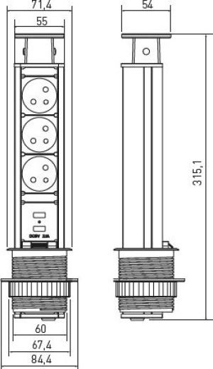GTV Biurkowy przedłużacz wpuszczany 60mm czarny 3 x gniazda z uziemieniem 2 x USB 2,1A 5V 1,5m (AE-BPW3U60U-20) 2