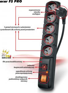 Listwa zasilająca Acar F5 PRO przeciwprzepięciowa 5 gniazd 1.5 m czarna (W0092) 2