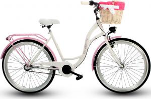 Goetze Rower miejski Blueberry 26″ trzybiegowy biało-różowy z metalowym koszem 1