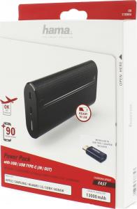 Powerbank Hama POWER PACK "X13", 13000 mAh, 3A, Czarny + kabel micro-usb + adapter usb-c 7