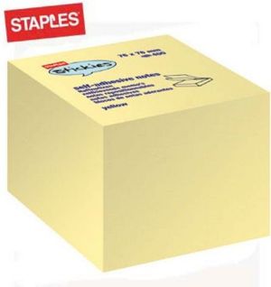 Staples Bloczek kostka samoprzylepna 75 x 75mm 400 kartek, żółty (C71720) 1