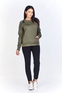 Ptak Moda Bluza Damska Kangurka z Ozdobnym Skośnym Ekspresem Oliwkowa r.L 1