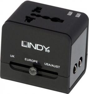 Lindy Uniwersalna przejściówka zasilania z 2 portami USB 1A / 10.5W (wtyk USA, UK, EURO, Australia, PL) (73110) 1