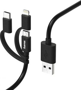 Kabel USB Hama Hama Essential Line 3in1 Micro USB Cable with Adapter - USB Charging / Data Cable - USB (M) to Lightning Plug (Apple) / Micro USB Plug / USB Type-C Plug - 1.8m - Black ( 00183225) 1