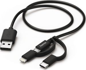 Kabel USB Hama Hama Essential Line 3in1 Micro USB Cable with Adapter - USB Charging / Data Cable - USB (M) to Lightning Plug (Apple) / Micro USB Plug / USB Type-C Plug - 1.8m - Black ( 00183225) 2