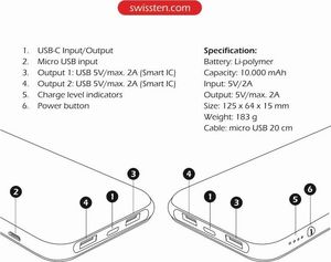 Powerbank Swissten Core Slim 10000 mAh Czarny  (SW-BCPWB-10000) 6