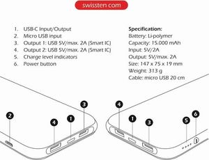 Powerbank Swissten Core Slim 15000 mAh Czarny  (SW-BCPWB-15000) 6