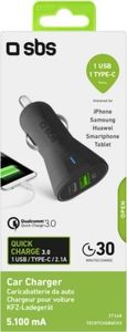 Ładowarka SBS Mobile ŁADOWARKA SAMOCHODOWA ZAPALNICZKA SBS 1X USB + 1X USB-C 5.1A 12V/24V CZARNA 2