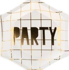 Party Deco Talerzyki papierowe, Party!, białe ze złotym napisem, 12,5 cm, 6 szt. uniwersalny 1