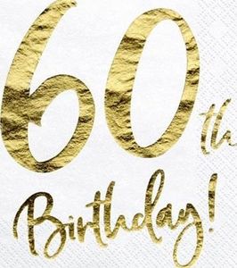 Party Deco Serwetki na sześćdziesiąte urodziny, 60th Birthday, biały, 33x33 cm, 20 szt. uniwersalny 1