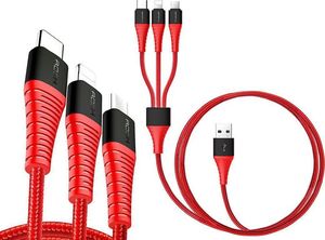 Kabel USB Rock Space Kabel Rock Hi-Tensile 3w1 3A 1,2M USB-C + Lightning + Micro Czerwony uniwersalny 1