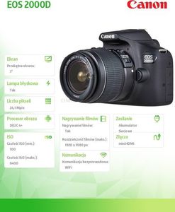 Akumulator Canon Aparat fotograficzny EOS 2000D BK + Obiektyw 18-55 IS + Akumulator LP-E10 EU26 2728C010 -2728C010 6
