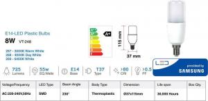 V-TAC V-TAC Żarówka LED VT-248 SAMSUNG CHIP 8W E14 T37 Plastikowa 3000K 2