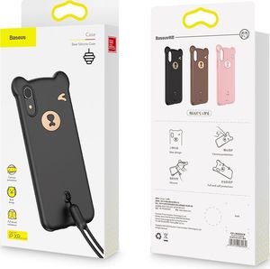 Baseus Baseus Bear Silicone Case silikonowe etui pokrowiec ze smyczą na nadgarstek iPhone XR różowy (WIAPIPH61-BE04) uniwersalny 8