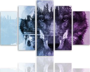 Feeby Obraz pięcioczęściowy na płótnie Canvas, pentaptyk typ A, Wilk na tle lasu - fioletowy 150x100 1