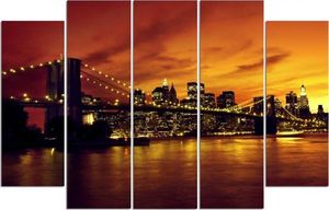Feeby Obraz pięcioczęściowy na płótnie Canvas, pentaptyk typ B, Brooklyn Bridge i Manhattan o zachodzie słońca 150x100 1