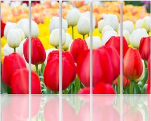 Feeby Obraz pięcioczęściowy na płótnie Canvas, pentaptyk typ C, Białe i czerwone tulipany 100x70 1
