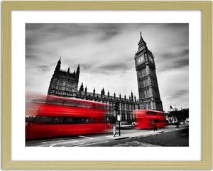 Feeby Obraz w ramie naturalnej, Czerwone autobusy w ruchu i Big Ben 70x50 1