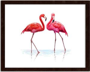 Feeby Obraz w ramie brązowej, Realistyczna ilustracja flamingów stojacych w wodzie 80x60 1