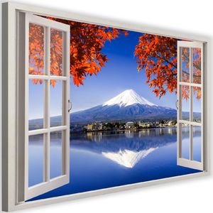 Feeby Obraz na płótnie - Canvas, okno - wulkan Fudżi 90x60 1