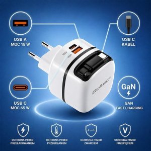 Ładowarka Qoltec Ładowarka sieciowa GaN 65W | USB-C PD PPS | 5-20V | 3-3.25A |    wysuwany kabel 2