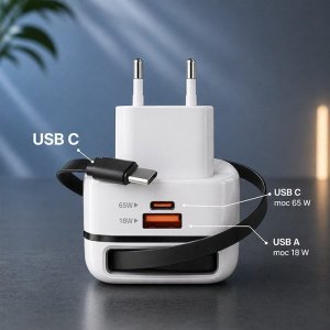 Ładowarka Qoltec Ładowarka sieciowa GaN 65W | USB-C PD PPS | 5-20V | 3-3.25A |    wysuwany kabel 3