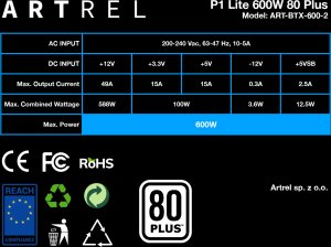 Zasilacz 600W ARTREL P1 Lite 80 PLUS ATX PCI-E 6x SATA 7