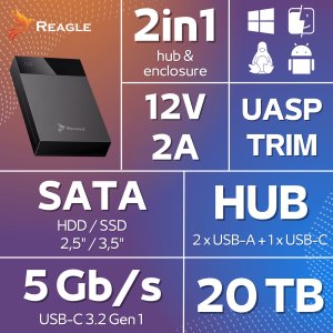 Kieszeń Reagle OBUDOWA DYSKU 2,5 3,5 KIESZEŃ NA DYSK HDD SSD HUB USB SATA III DO 20TB ZASILACZ 24W 3