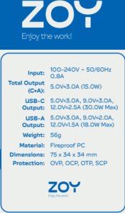 Ładowarka ZOY 30W 1x USB-A 1x USB-C ZWAC30 5