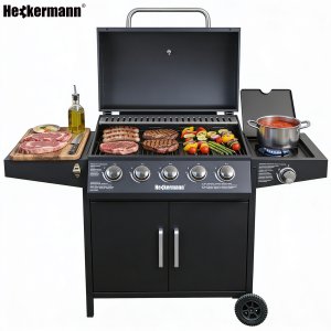 Heckermann Grill gazowy ogrodowy stalowy nierdzewny 5+1 YF-01JY05-B żeliwny ruszt 17,4 kW czarny 15