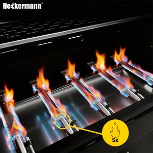 Heckermann Grill gazowy ogrodowy stalowy nierdzewny 5+1 YF-01JY05-B żeliwny ruszt 17,4 kW czarny 9