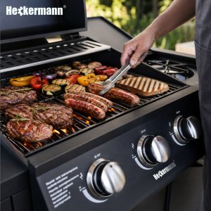 Heckermann Grill gazowy ogrodowy stalowy nierdzewny 5+1 YF-01JY03-B żeliwny ruszt 11,6 kW czarny 2