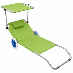Lean Leżak Plażowy Na Kółkach Ogrodowy Składany Z Daszkiem Aluminiowy Zielony 3