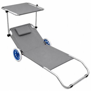 Lean Leżak Plażowy Na Kółkach Ogrodowy Składany Z Daszkiem Aluminiowy Szary 3